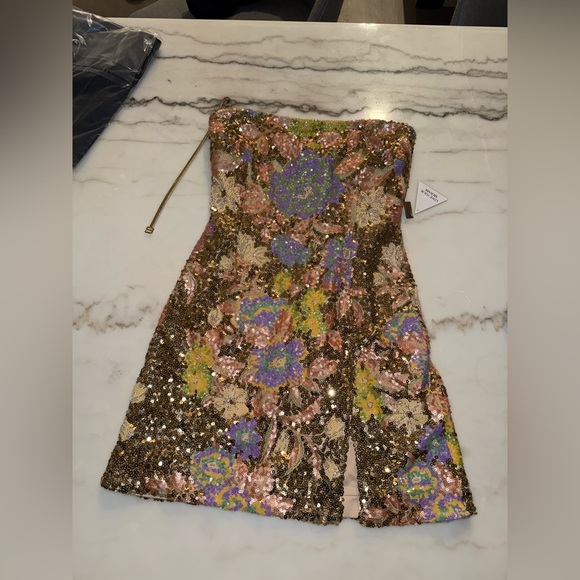 NADINE MERABI Gold Floral Sequin Mini Dress - Picture 2 of 4